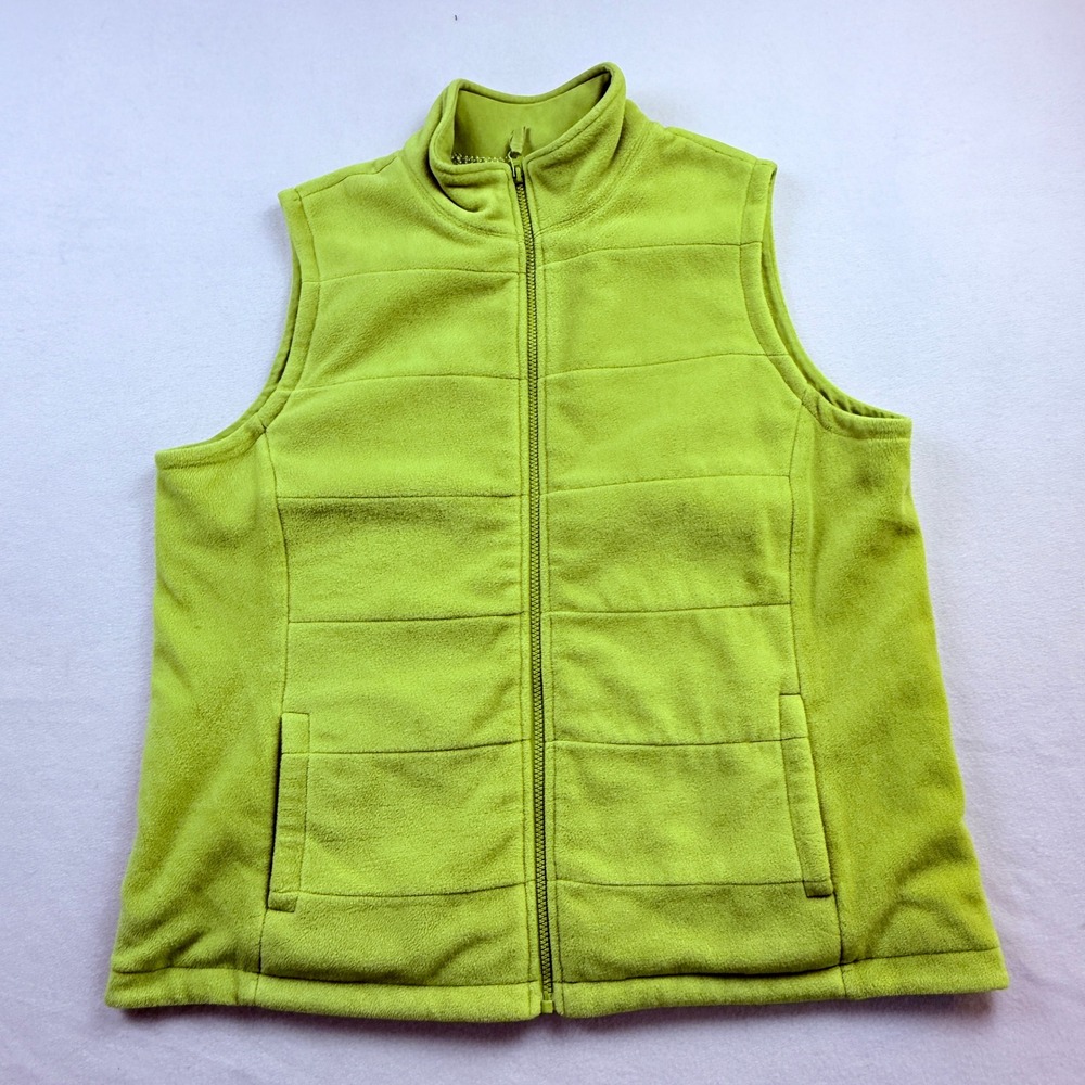 Lands' End Fleece Vest Women XL Lime Green Outdoor Hiking Bright Cozy Sporty